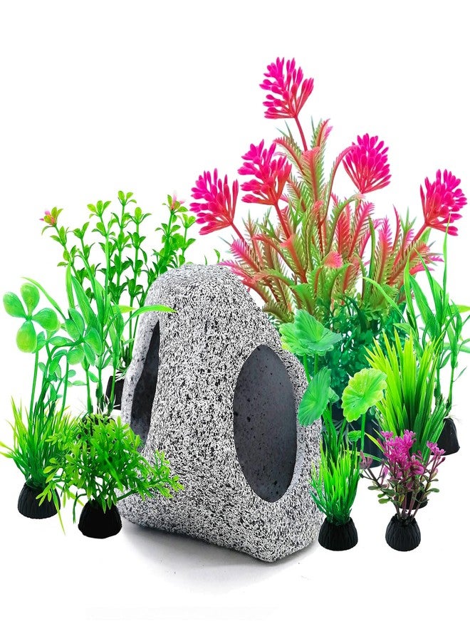 SLOCME 10 Pcs Aquarium Rock Cave & Plants Set - Colorful Plastic Aquarium Plants Fish Tank Decorations, Ceramic Betta Fish Hideout Breeding Shelter - Image 1